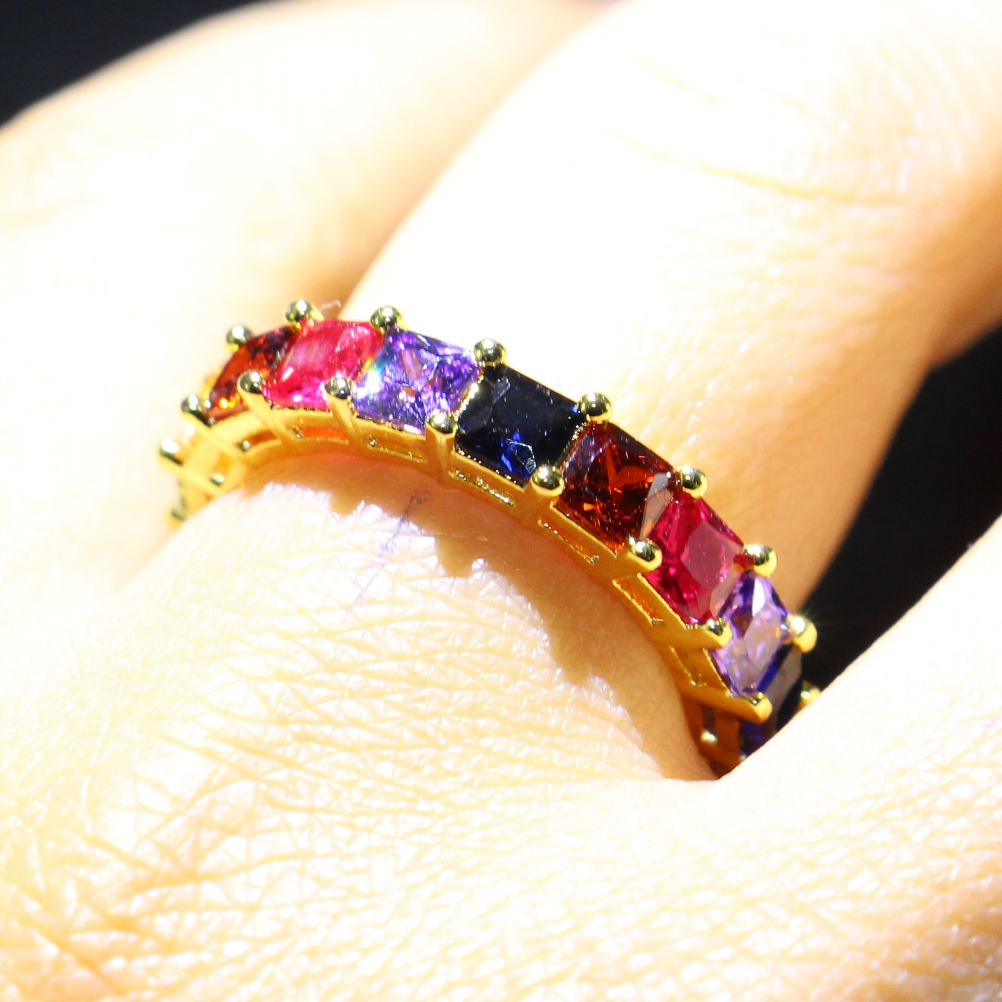 Size 5-10 New Arrival Hot Sale Luxury Jewelry 925 Sterling Silver&Gold Fill Princess Cut Multi Topaz CZ Diamond Seven Color Women Band Ring