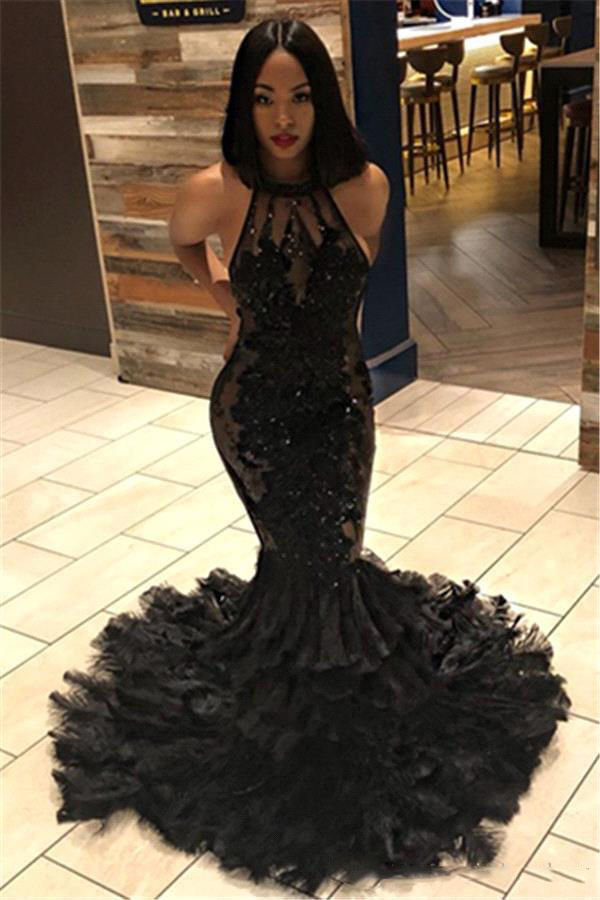 Black Girl Sexy Backless Mermaid Long Prom Dresses Halter Illusion Tulle Applique Beaded Feather Layers Sweep Train Evening Gowns BC1273