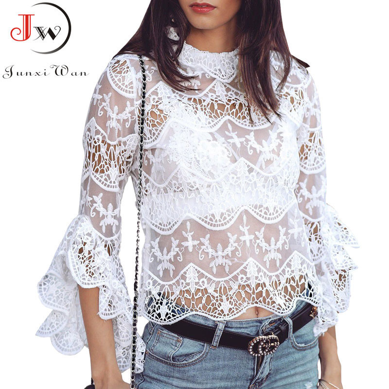 Sexy Lace Tops Women Summer Embroidery High Neck 3/4 Sleeve Ladies Blouse Shirt Clubwear White Elegant Casual Blusas
Sexy Lace Tops Women Summer Embroidery High Neck 3/4 Sleeve Ladies Blouse Shirt Clubwear White Elegant Casual Blusas