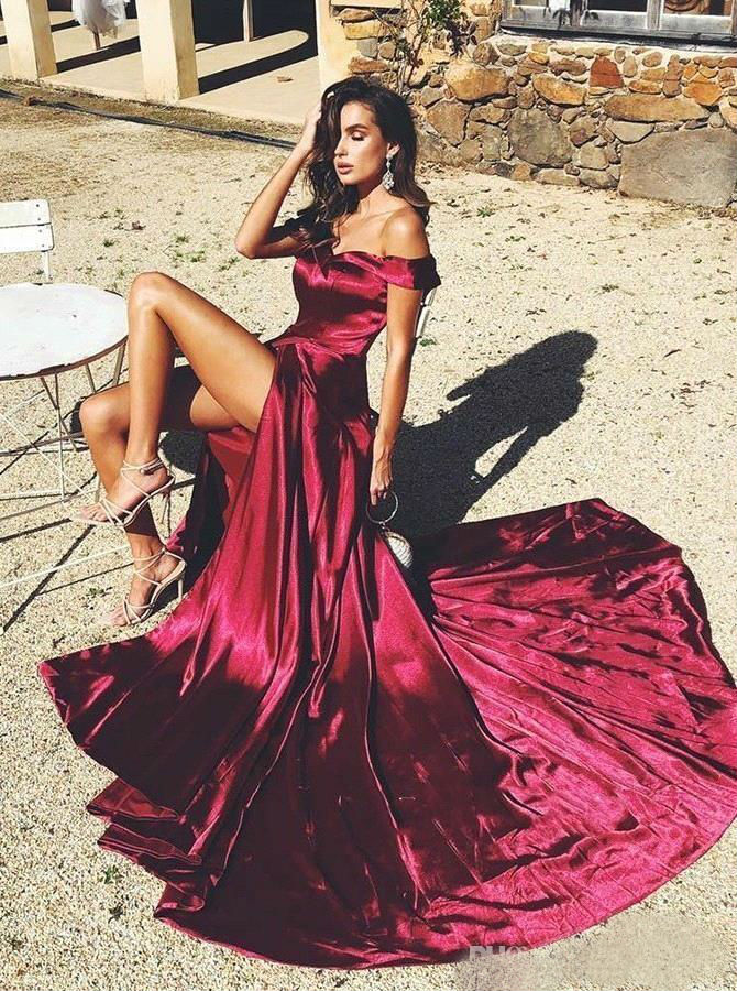2019 Sexy Red Prom Dresses Thigh High Slits Off Shoulder Formal Evening Gowns Cheap Special Occasion Dresses