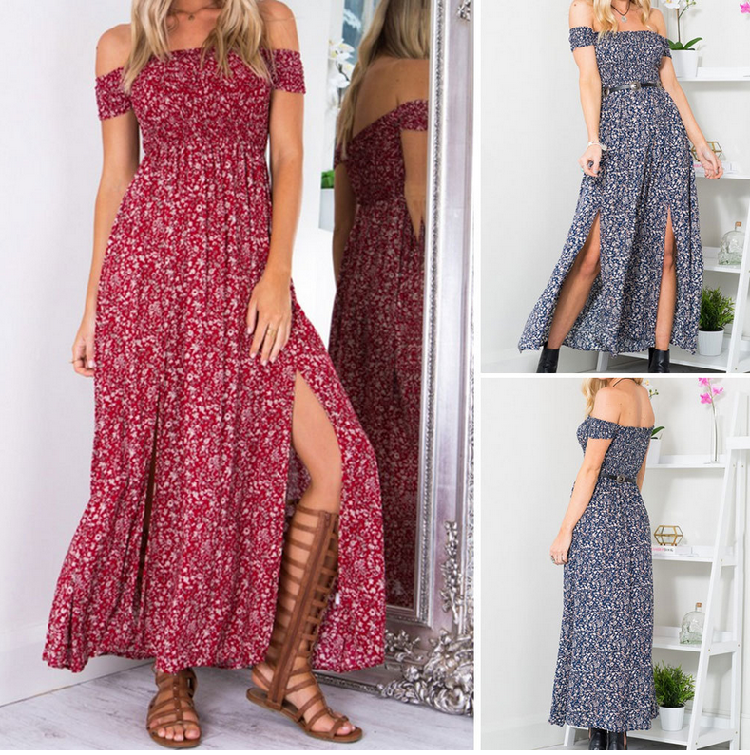 Wholesale explosions fashion women's summer floral floral word collar off-shoulder sexy split dress, Red
Wholesale explosions fashion women's summer floral floral word collar off-shoulder sexy split dress, Red