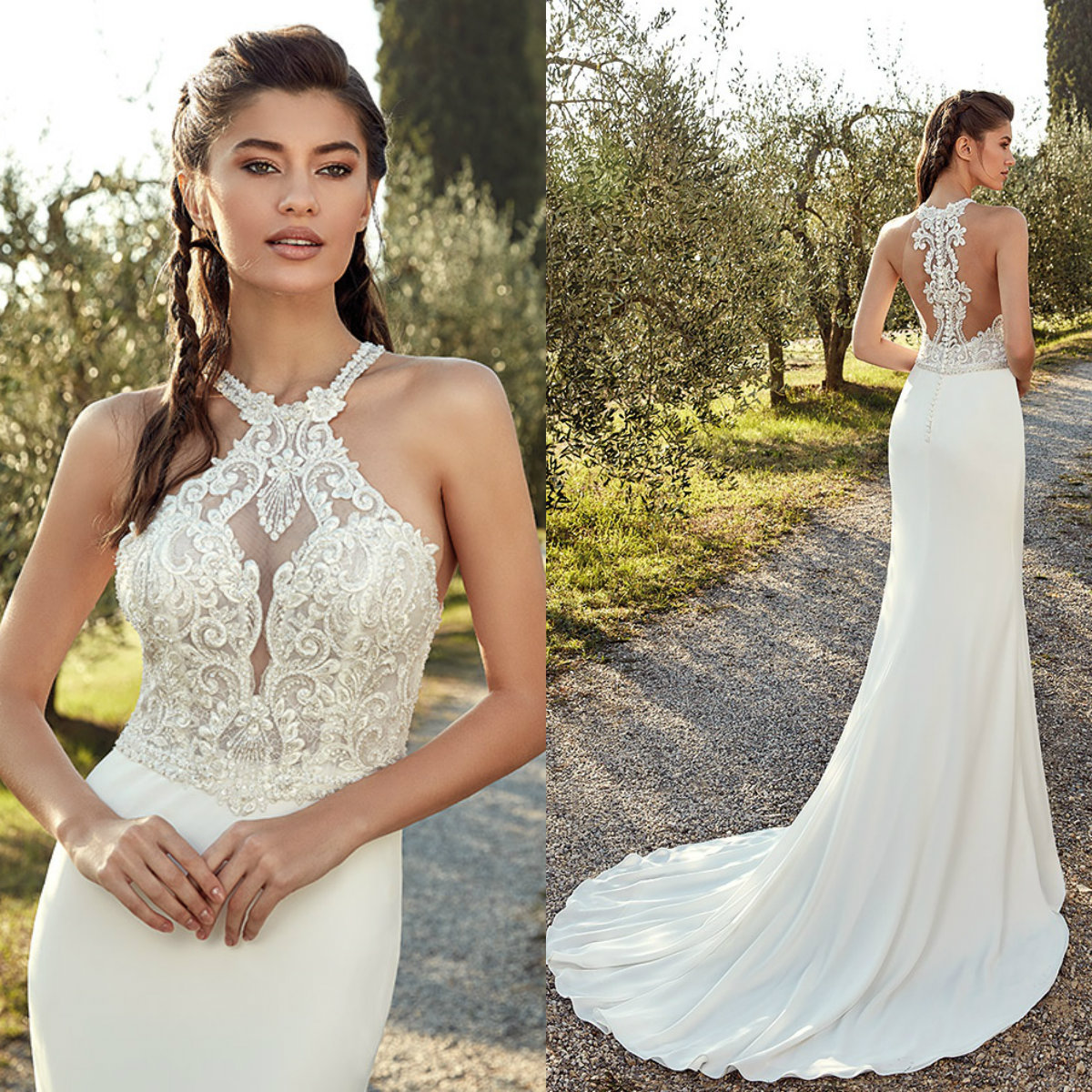 Eddy K Mermaid Wedding Dresses 2019 Lace Applique Beaded Boho Wedding Dress Buttons Back Satin Beach Bridal Gowns Vestido De Novia