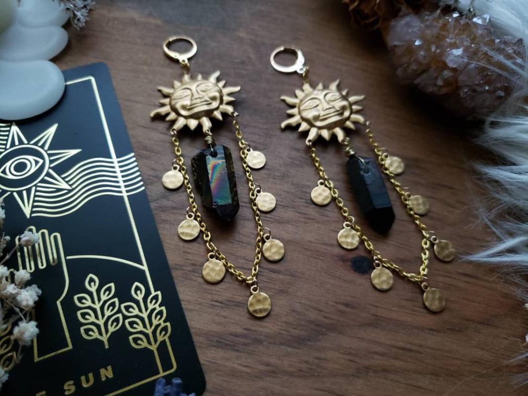 Dangle & Chandelier Sun Goddess Quartz Charm Brass Earrings Stars Moon Boho Hippie Bohemian Celestial Witchy Metaphysical Jewelry