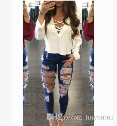2020 Women 's Fashion Ripped Jeans for Women Big Hole Ladies Long Skinny Jeans Long Jeans Pencil Stretch Butt Lift Pencil Pants S-XXL