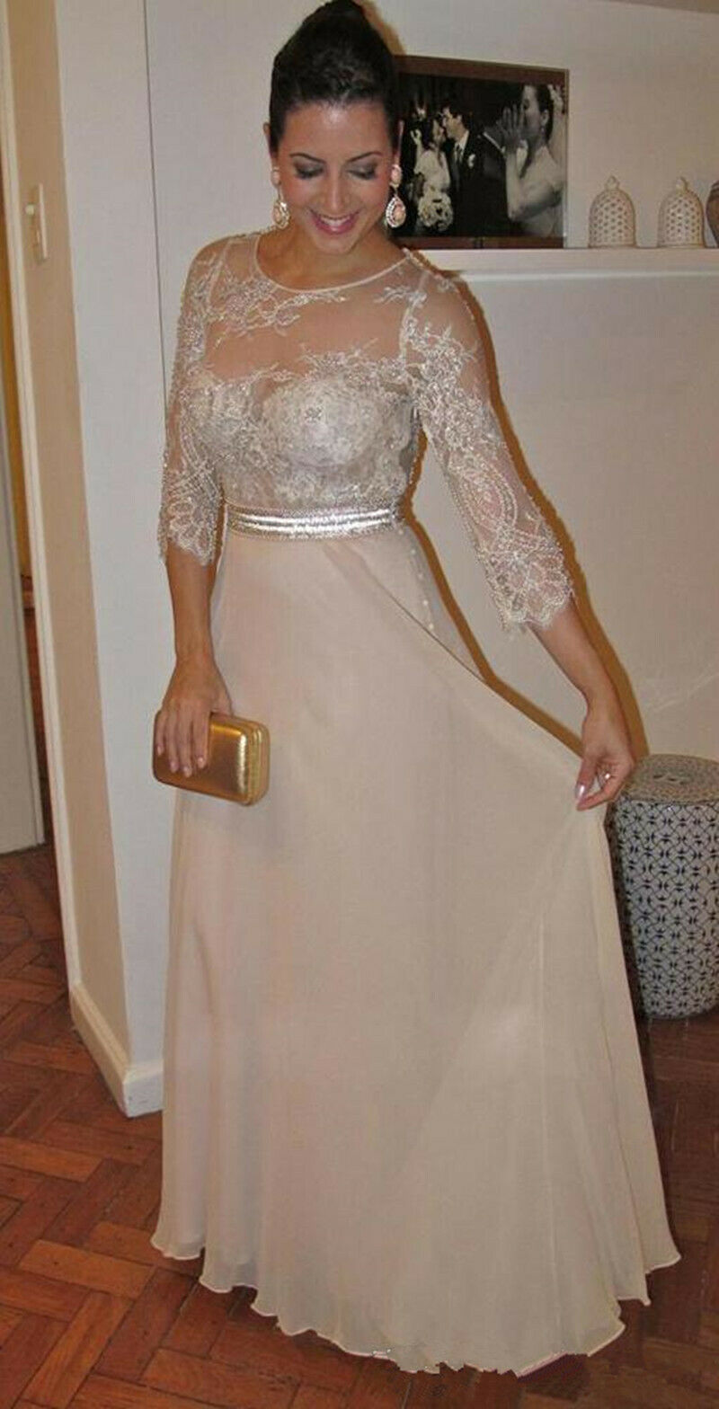Vintage Champagne Lace mother of bride dresses with 3/4 sleeves Illusion top Beaded Floor Length Groom Mother formal Evening Gowns 2019 Long