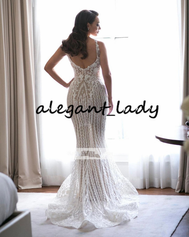 Gorgeous Luxury Lace Mermaid Wedding Dresses With Detachable Train 2020 Spaghetti Backless Trumpet Beach Arabic Dubai Bride Wedding Gown