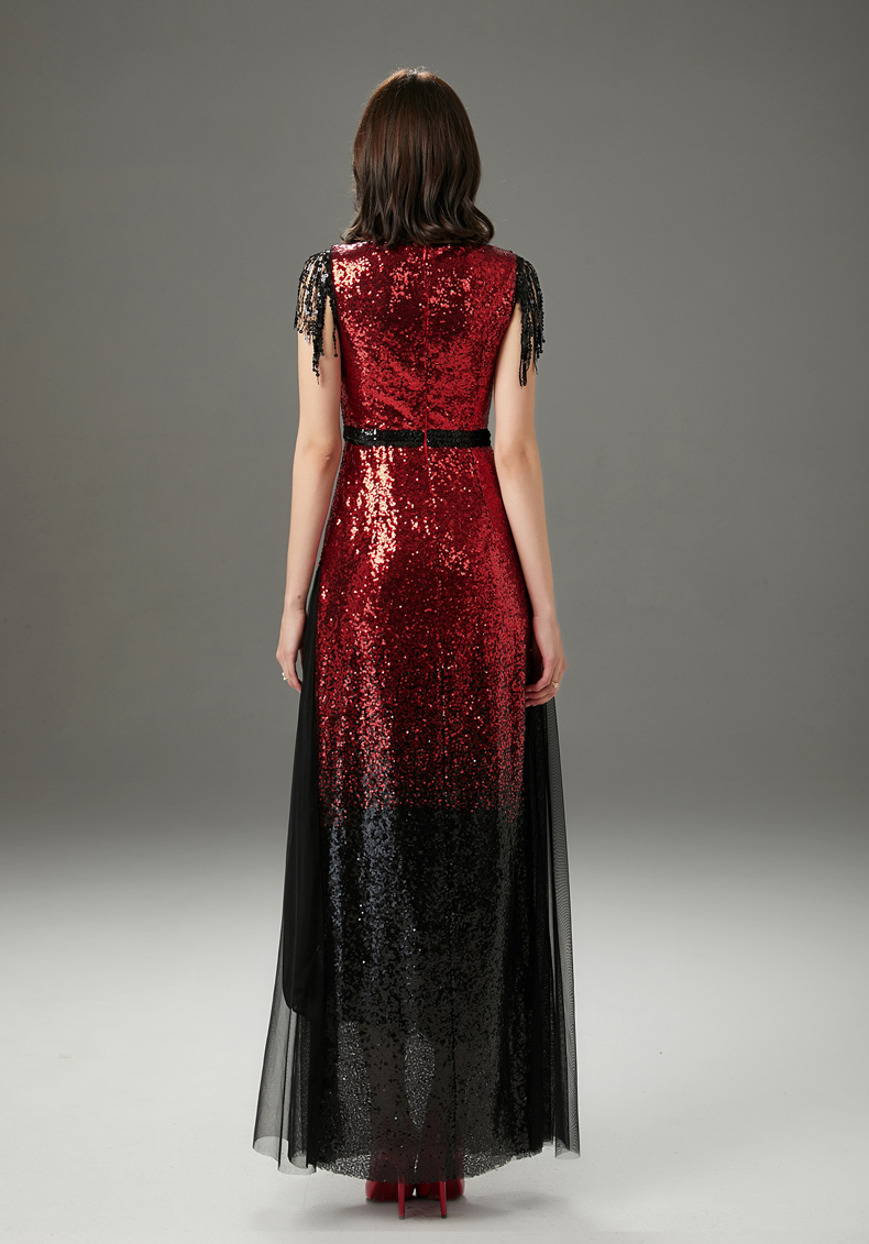 Women's Runway Dresses O Neck Sleeveless Sequined Tassels Color Block Layered Elegant Party Prom Dresses