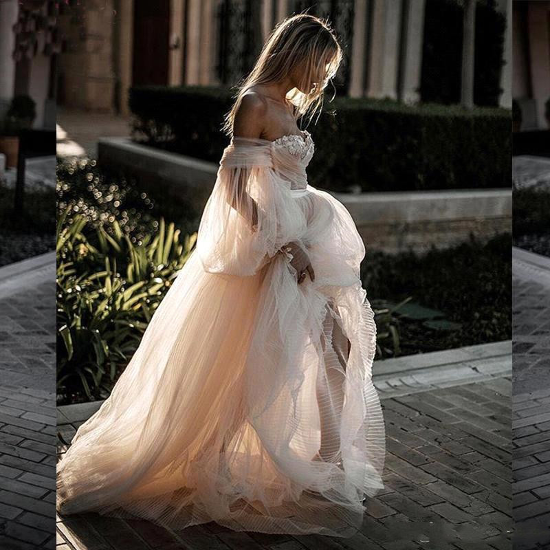 2020 Tulle Wedding Dresses Lantern Long Sleeve Fairytale Countryside Off the Shoulder Sweetheart Neck Lace Bridal Gowns Wedding