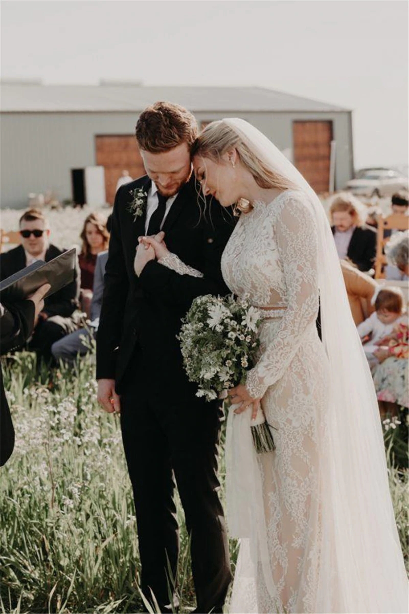 Modest Country Mermaid Lace Wedding Dresses Long Sleeves Sexy Low Backless Bohemian Boho Bridal Gowns Plus Size Sweep Train robe de mariée