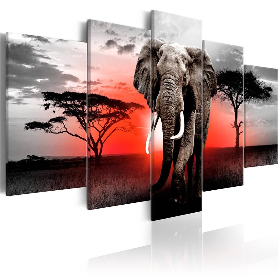 5Pcs Sunset Elephant Large Landscape Painting Canvas Picture Prints for Home Living Room Decor (Color: Multicolor)