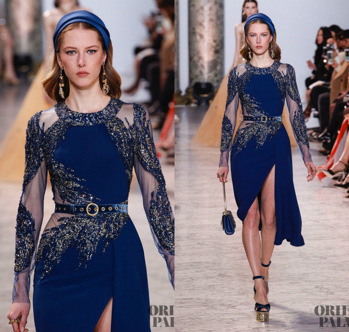 Zuhair Murad Evening Dresses Jewel Neck Beaded Sequins Side Split Long Sleeve Prom Dress Satin Elegant Formal Occasion Gowns