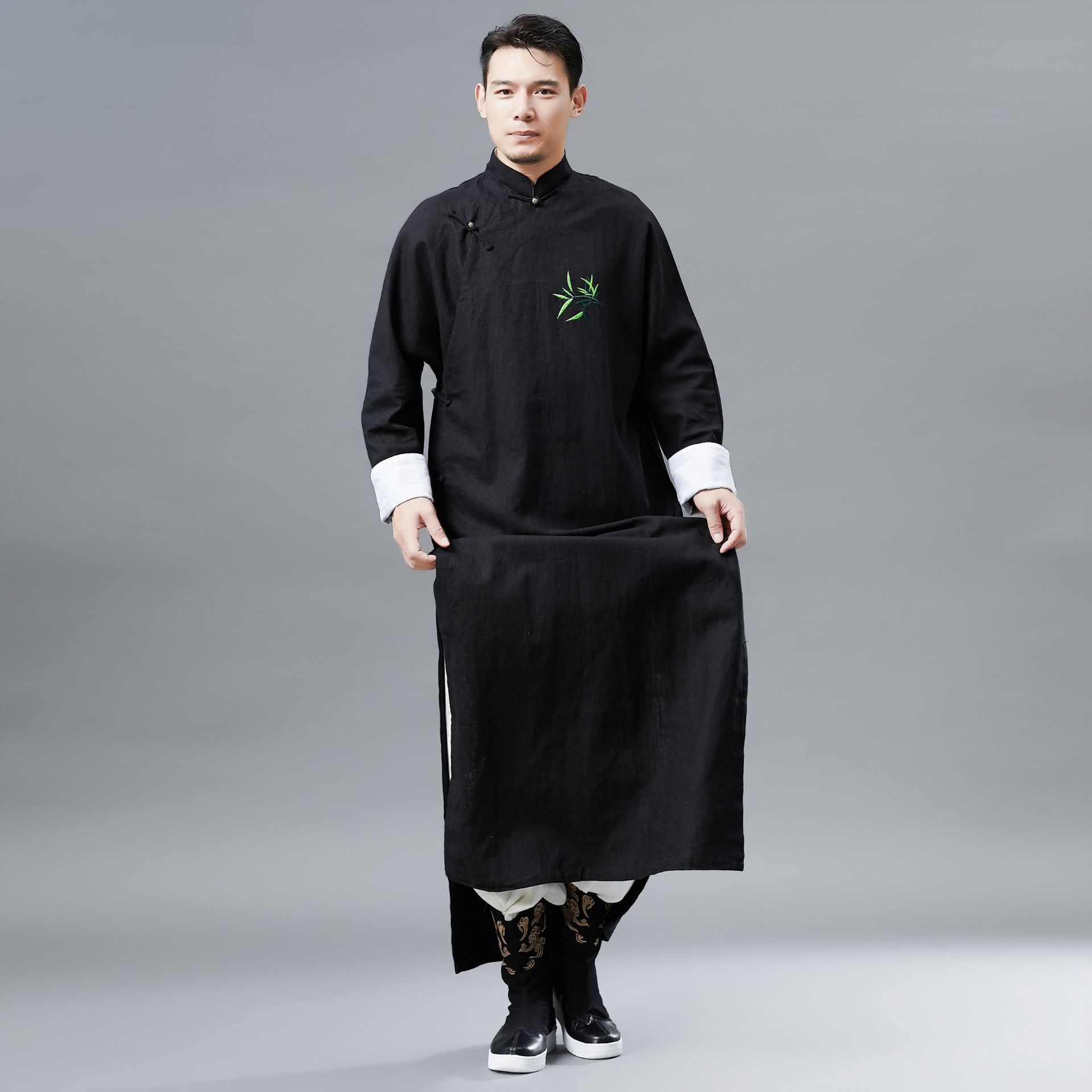 Chinese tang suit for men cheongsam style male gown traditional long vestido cotton linen ethnic clothing embroidered bamboo pattern robe