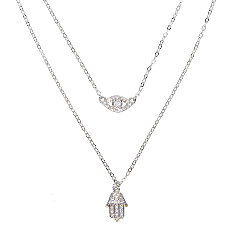 Wholesale- 925 sterling silver jewelry lucky charm hamsa hand evil eye double layer women elegance lovely necklace jewelry