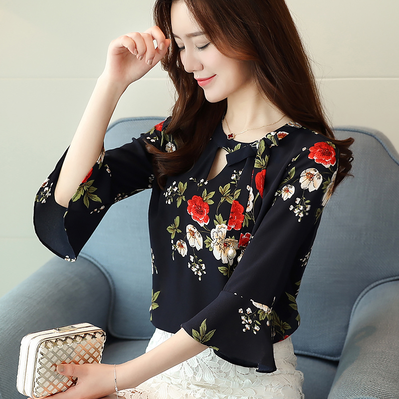 Fashion-New flower printing Women Blouses shirt flare Sleeve Chiffon women's clothing casual V Collar bow women tops Blusas