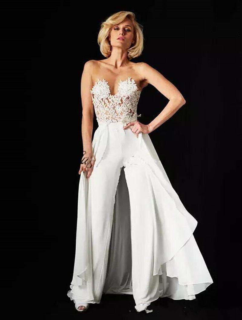 Woman Jumpsuit Sheer Mesh Top Chiffon Evening Dresses 2019 New Lace Applique Floor Length Backless Formal Party Gowns With Over Skirts