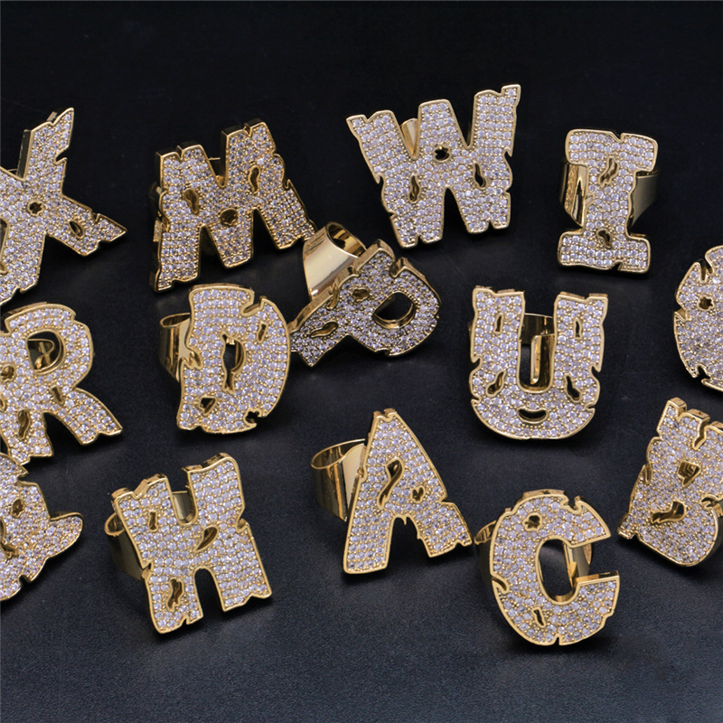 New Fashion Yellow Gold Plated Full CZ A-Z Letters Rings for Men Women Hip Hop Ring Jewelry Gift