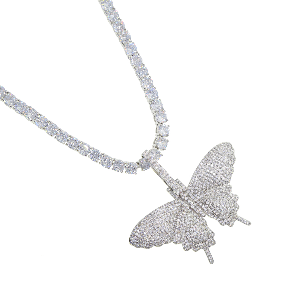 iced out sparking bling hip hop women men jewelry 5mm cz tennis chain gold silver pink cz butterfly necklace