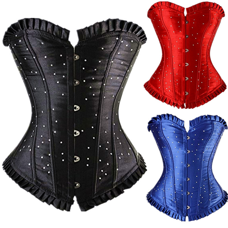 Beaded Ruffle Trim Overbust Corset Top Women Fashion Sexy Lace-up Non-Padded Back Corselet S-6XL Plus Size