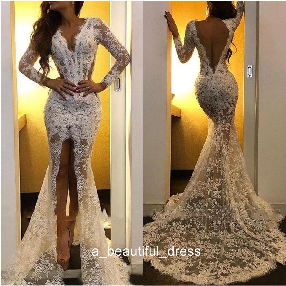 mermaid prom dresses Sexy Lace Deep V Neck Illusion Long Sleeve Open Back High Front Split Sweep Train Formal Evening Bridal ED1186