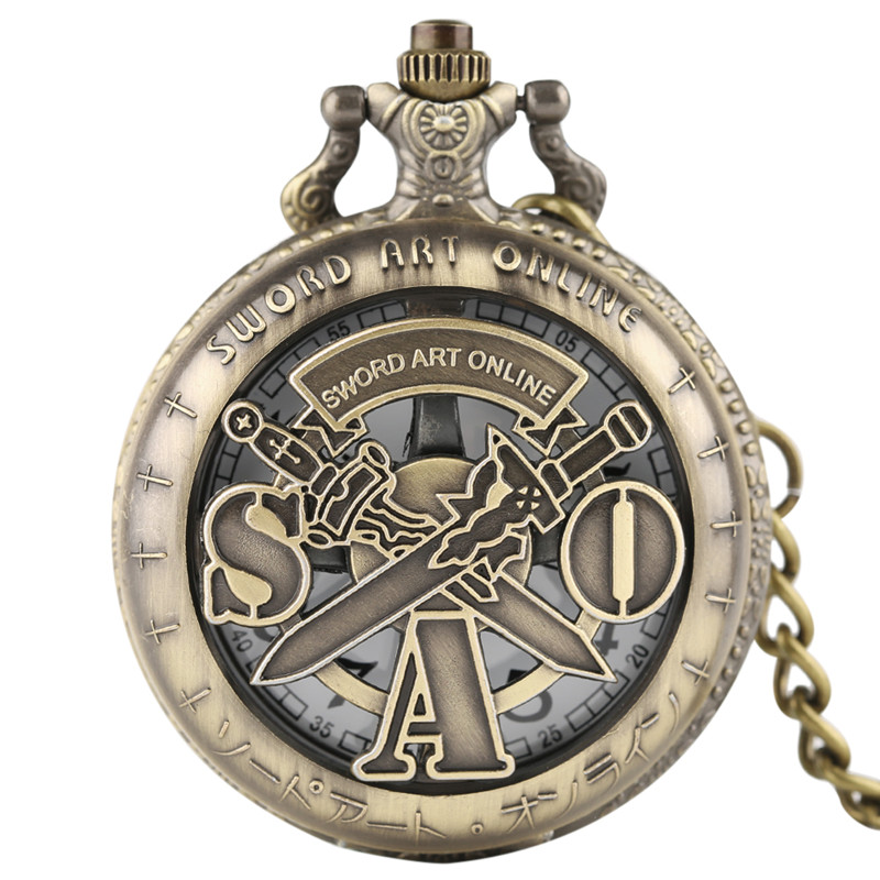 

Bronze Retro Hollow Out Case Sword Art Online Pocket Watch Quartz Fob Necklace Chain Analog Clock Gift Children reloj de bolsillo