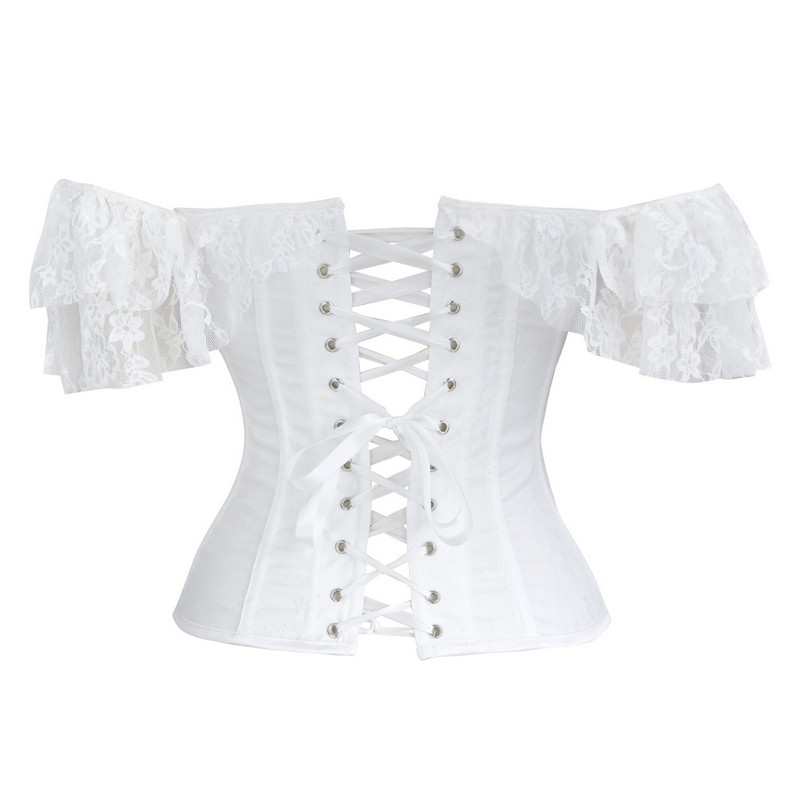 Women Push up Bra Overbust Corset Top with Dots Lace Mesh Sleeves and Black Lace Overlay Details Everyday Outwear Fashion Lace-up Shapewear