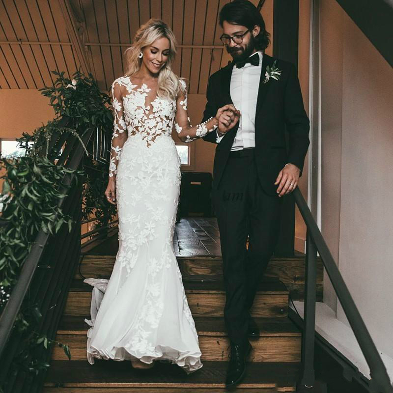 Beach Sexy Mermaid Wedding Dresses Sheer Neck Long Sleeves See Through Button Back Bridal Gown Plus Size Wedding Dress