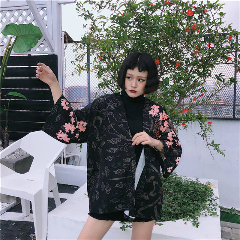 Wholesale-Neploe Japanese Women Cardigan Half Sleeve V-neck Kimono Blouses Chinese Dragon Print Coat Loose Sun-protective Shirts 35349