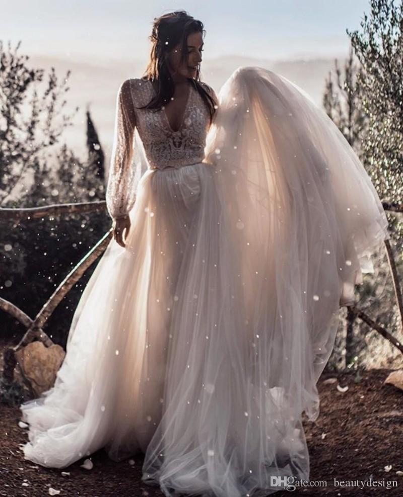 Beach New Elegant Two Pieces Wedding Dresses With Belt A E Long Sleeve Lace Appliqued Boho Sweep Train Tulle Bridal Dress Vestidos Ppliqued 6660306