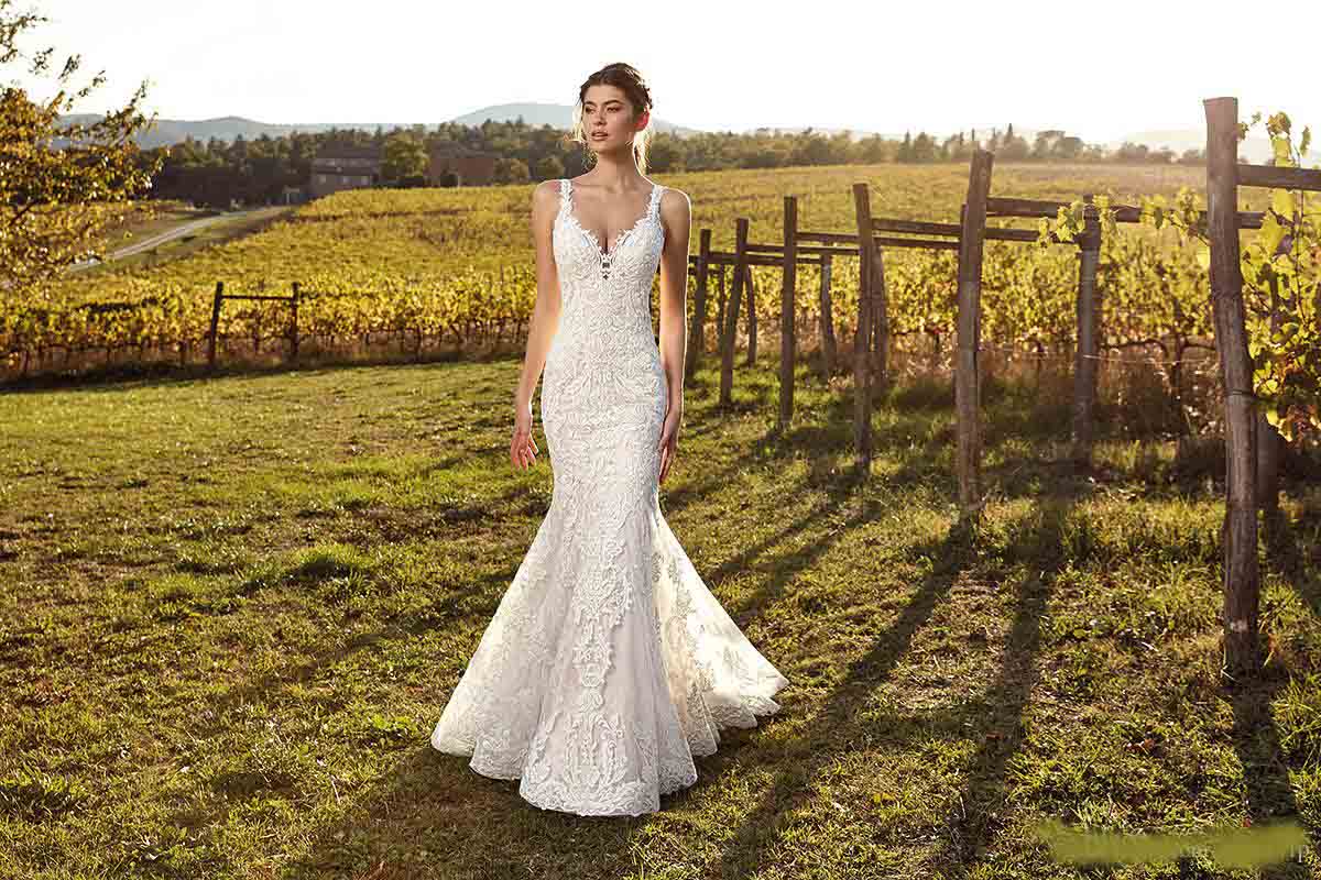 Eddy K 2020 Country Mermaid Wedding Dresses V Neck Lace Sweep Train Bridal Gowns Plus Size Beach Boho Vestido De Novia
