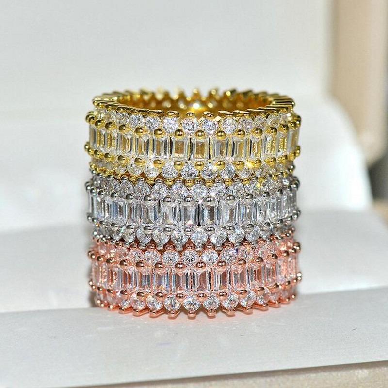 Victoria Wieck Luxury Jewelry Handmade 925 Sterling Silver&Rose Gold Fill Princess Cut Full White Topaz CZ Diamond Women Wedding Band Ring