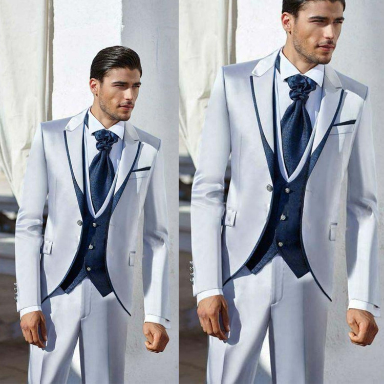2019 Silver High Quality Groom Wear Wedding Tuxedos Men Three Pieces(Jacket+Vest+Pants) Formal Prom Blazer Suits