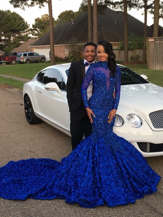 Royal Blue Cathedral 3D Floral Train Prom Dresses High Neck Real Image Sparkly Lace Beaded Long Sleeve African Black Girl Evening Gown