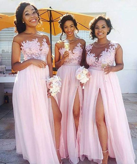 2023 Fashion Pink A Line Chiffon Bridesmaid Dress Lace Applique Prom Dress Illusion Neck High Slit Beach Formal Evening Gowns Party Long Dresses For W