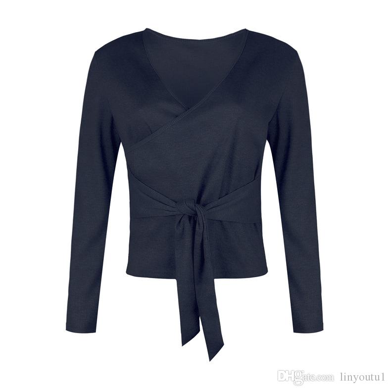 tshirt Women Casual V-neckline T-Shirts Women T Shirts Cross Strap Bow Shirt long Sleeve Top 2020