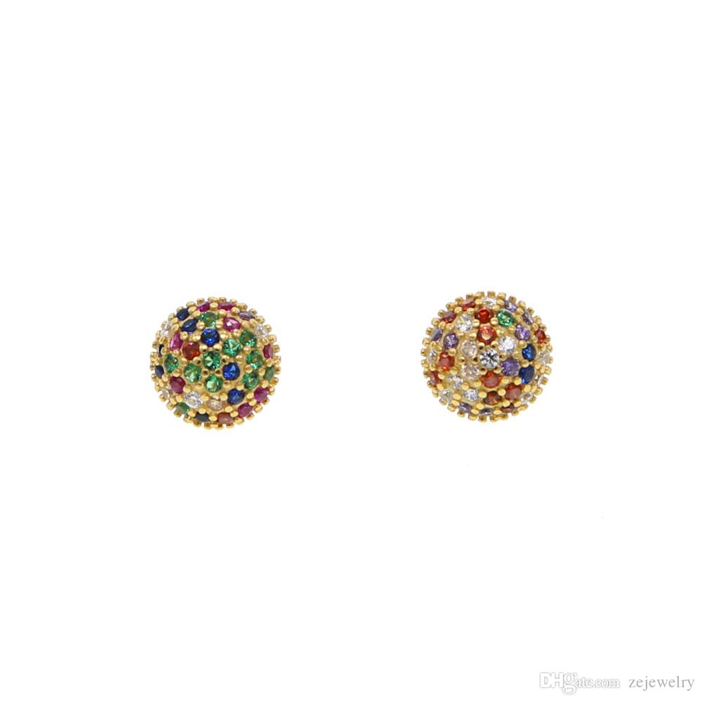 geometric ball round stud earring 2019 women fine 925 sterling silver colorful rainbow cz paved classic simple fashion jewelry