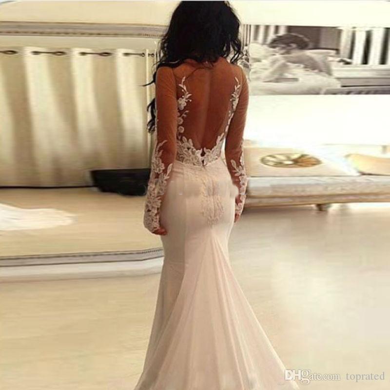Wedding New Mermaid Dresses Sexy Deep V Neck Sheer Long Sleeves Lace Chiffon Illusion Sweep Train Bridal Gowns Plus Size Custom