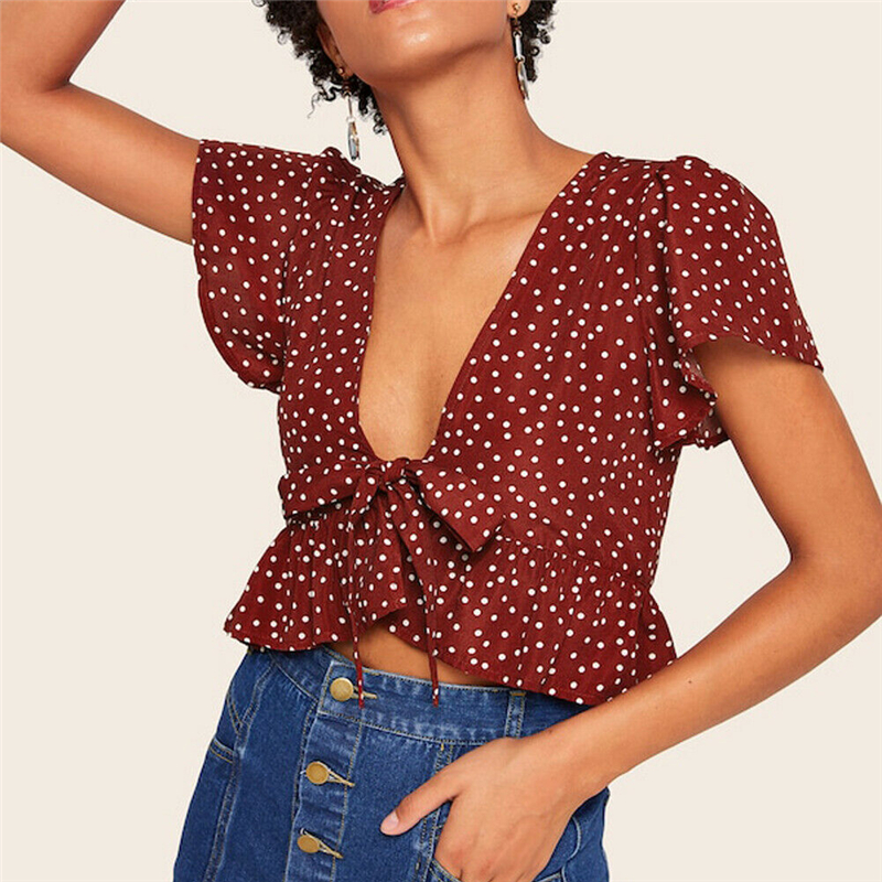 Sexy Women Polka Dots Bowknot Crop Top Blouse Summer Wave Point Deep V Neck Short Blouses Hot Vintage Bow Lace Up Shirts New, As pic
Sexy Women Polka Dots Bowknot Crop Top Blouse Summer Wave Point Deep V Neck Short Blouses Hot Vintage Bow Lace Up Shirts New, As pic