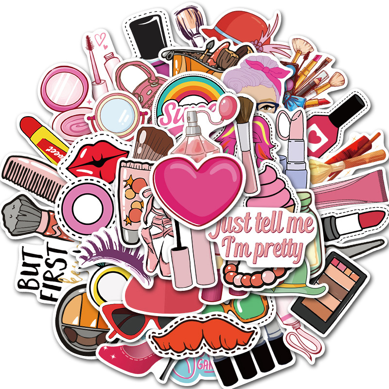 50pcs/Set Girls Making Up Things Stickers Luggage Phone Laptop Graffiti Lipsticks Waterproof Decals Computer Sticker
