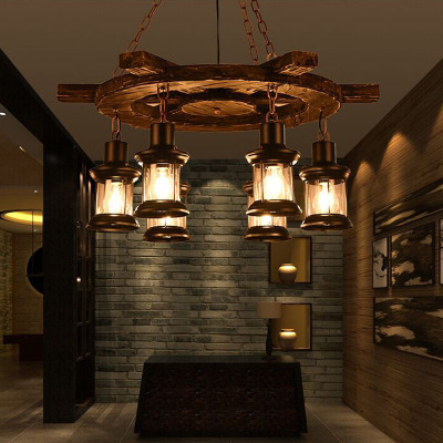 LOFT vintage wine bar industrial wind wood chandelier lamps creative personality American diffuse coffee restaurant old boat
