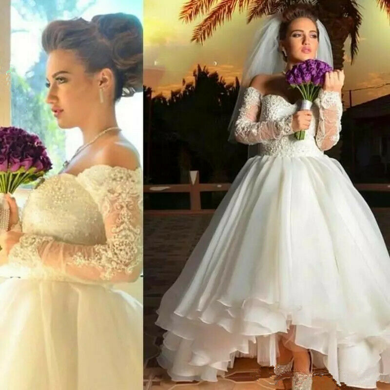 Vintage High Low Wedding Dress Off the Shoulder Lace Beaded Sequins Ruffles Organza Lace-up Back Long Sleeve Bridal Ball Gown Custom