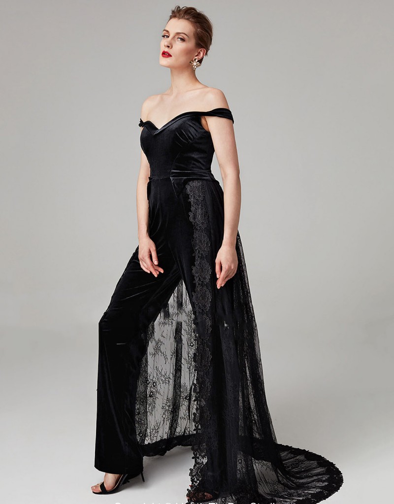 2020 Black Jumpsuits Evening Dresses Velvet Wih Detachable Tarin Lace Prom Dress Sweep Tarin Special Occasion Dresses