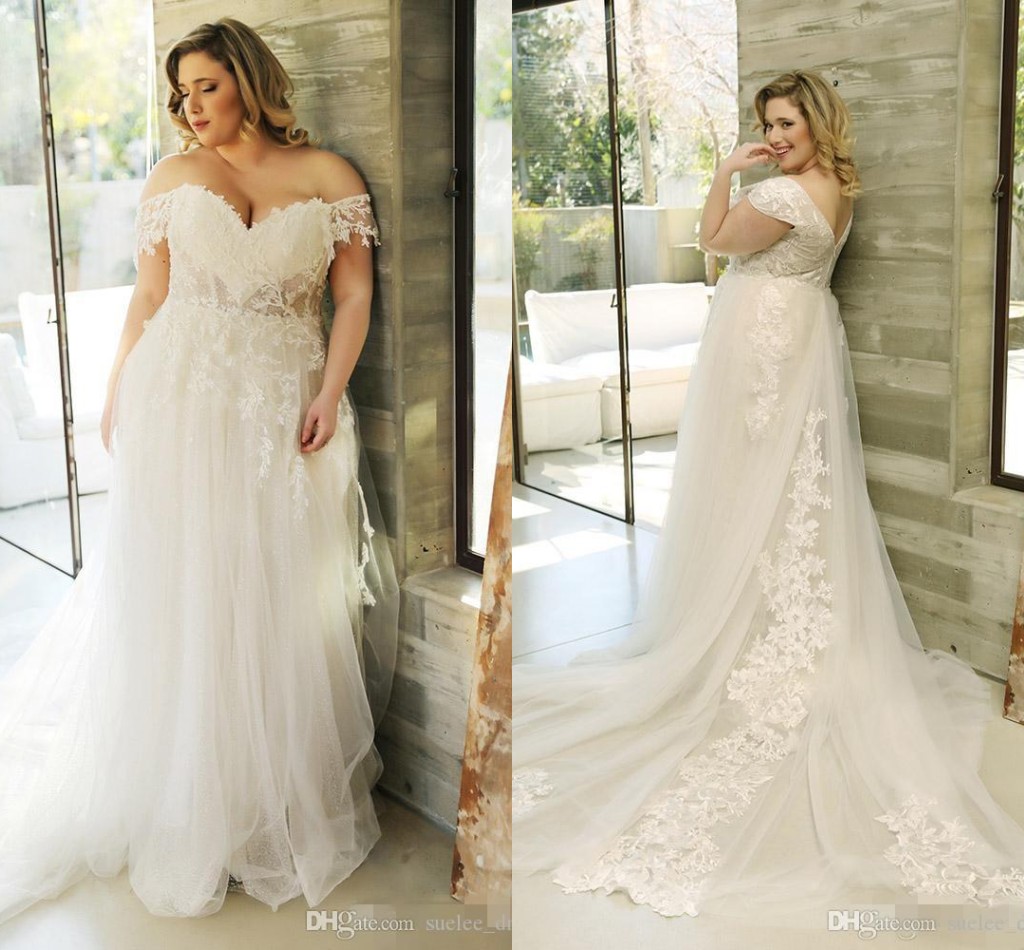 Romantic Plus Size A Line Lace Dresses Applique Off Shoulder Tulle Backless Floor Length Wedding Dress Bridal Gowns Vestidos