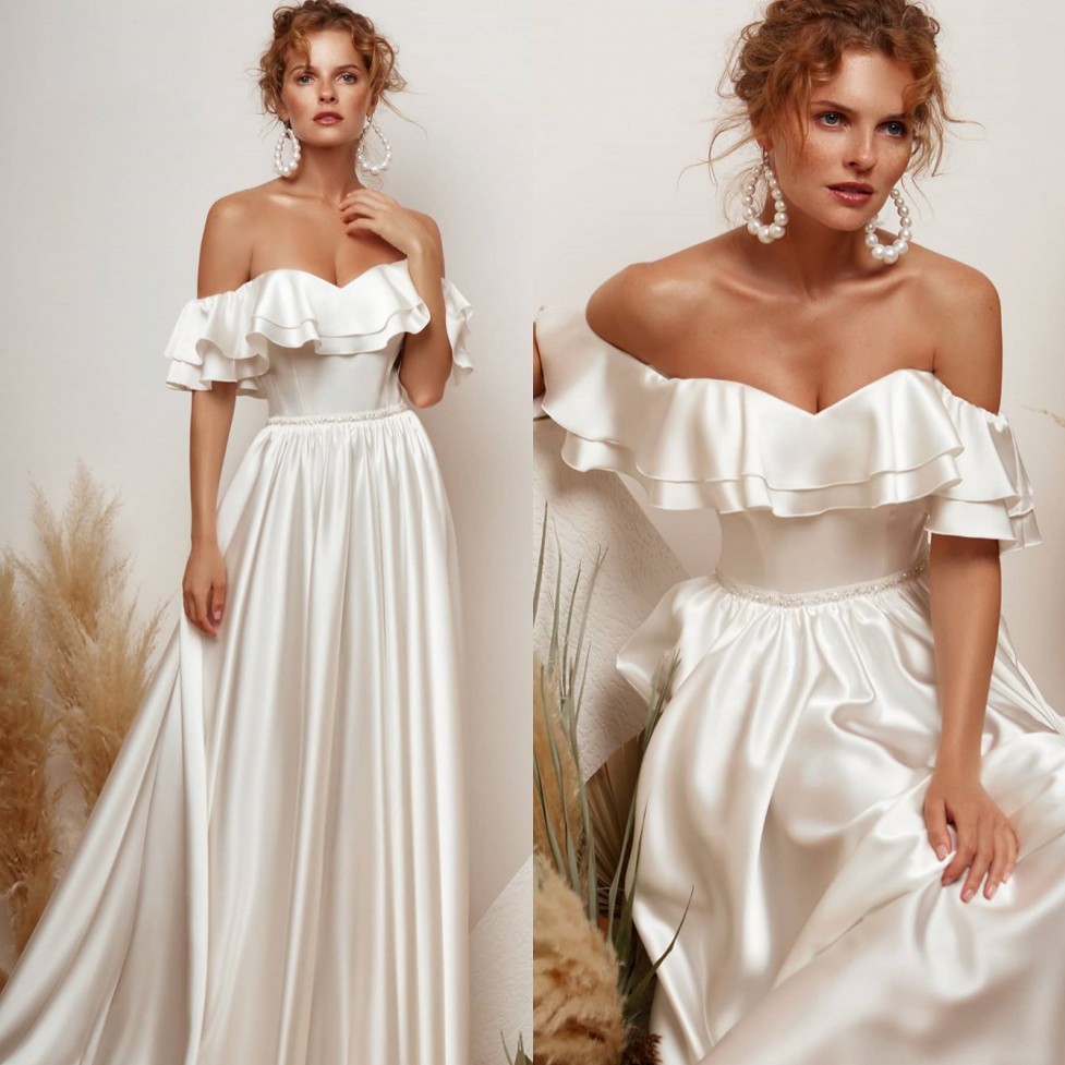 Wedding Fabulous Beaded Dresses Off The Shoulder Ruffled Neck Bridal Gowns A Line Sweep Train Satin Robe De Marie