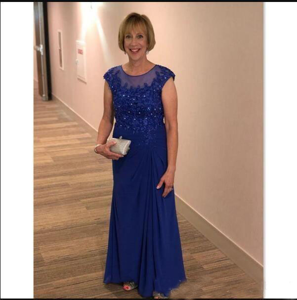Elegant Mother Of The Bride Dresses 2019 Capped Sleeves Sheath Jewel Neck Chiffon Appliques Lace Top Beaded Wedding Guest Evening Prom Gowns