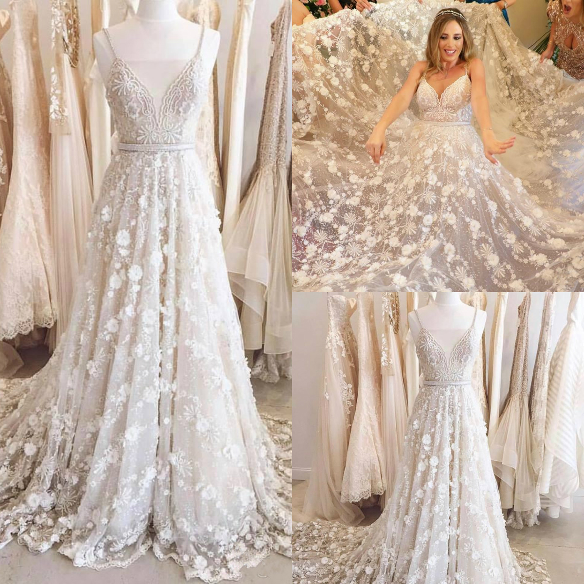 Berta 2019 Wedding Dresses 3D Floral Appliqued Lace Beads Bridal Gowns Zuhair Murad Sapghetti V Neck A Line Beach Wedding Gowns