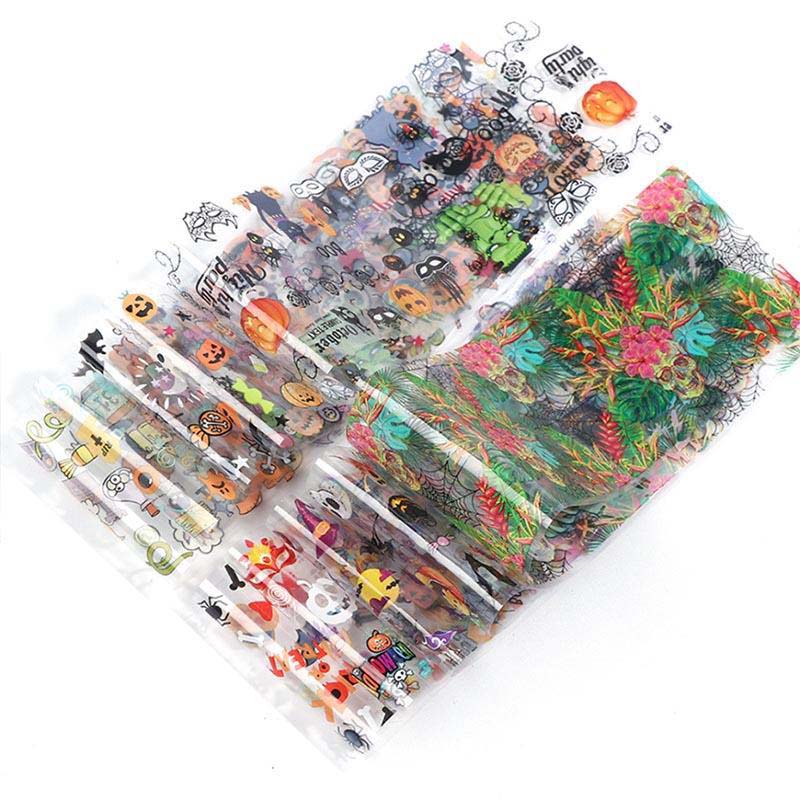 10pcs Fashion Halloween Self-adhesive Nail Sticker Design Water Transfer Decals Pumpkin Cat Witch Skull Nail Art Foil Cool Polish Decal DHL