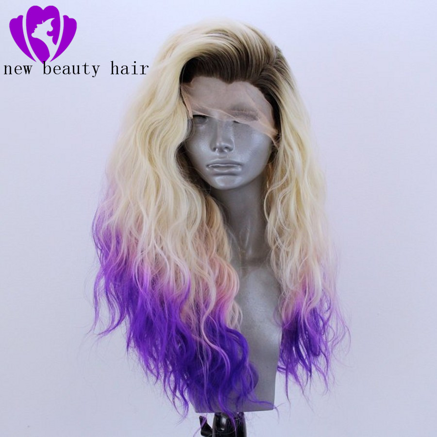 Free Part High Temperature Fiber blonde ombre purple wig Peruca Cabelo 360 Frontal Long water Wave Full Hair Wigs Synthetic Lace Front Wig