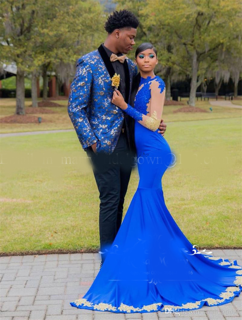Sexy Royal Blue Mermaid Prom Dresses 2020 Gold Lace Appliques Long Sleeves Sequined Beaded African Arabic Girls Graduation Gowns