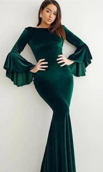 2019 Velvet Dark Green Evening Dress Elegant Arabic Dubai Flare Long Sleeves Holiday Women Wear Formal Party Prom Gown Custom Made Plus Size