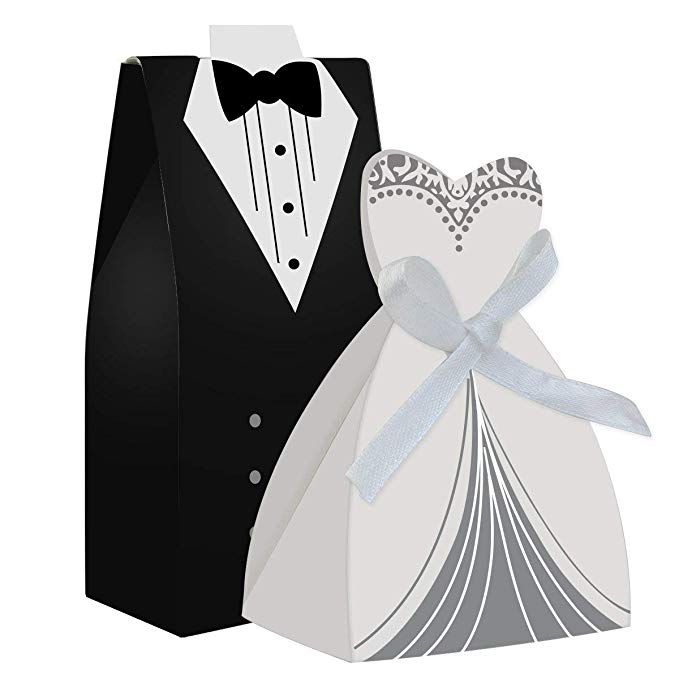 Creative Favor Holder Tuxedo bridal Dress candy boxes 50pcs bulk Candy Chocolate Gift Box Bonbonniere for wedding holders Laser Cut card with ribbon 2